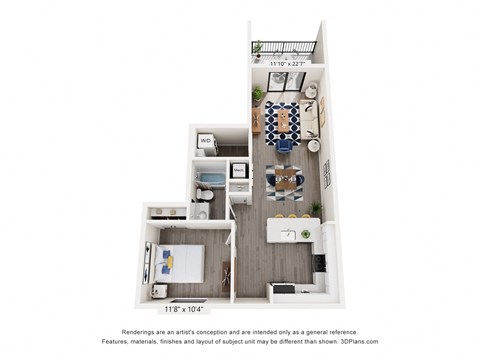 Floor plan for 1 bed, 1 bath, 676 sqft